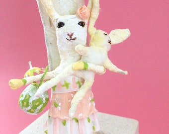 Spun Cotton, Easter Rabbit with Baby and Flowers, Spring Decoration