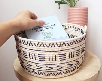 Rope Basket, Aztec Pattern, Ethnic Pattern, Storage Basket, Coiled Rope Basket, Corded Basket, Boho Decor, Hand Embroidery, Bathroom Storage