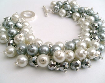 Bridesmaid Jewelry, White and Silver Pearl Beaded Bracelet, Cluster Bracelet, Pearl Bracelet, Bridesmaid Gift, Wedding Jewelry By Kim Smith