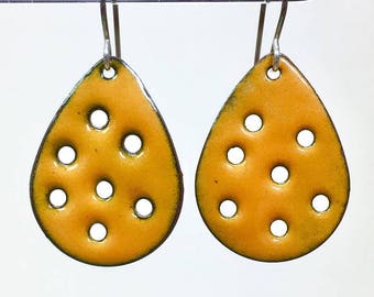 Sunflower yellow earrings fun summer styles Holy earrings, enamel on copper teardrops, beach earrings by Paulbead, torch fired enamels