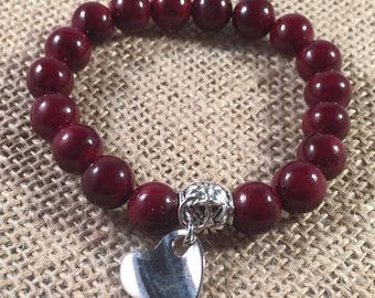 Silver Heart Charm Red Bead Stretch Bracelet, Heart Charm, Beaded Bracelets