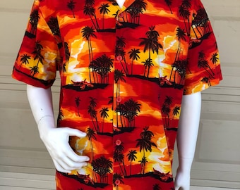 Vintage Hawaiian Shirt Red Orange Yellow Sunset Aloha Shirt Tiki Shirt Size 2X