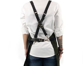 Cross-Back Cargo Apron - Heavy-Duty Dark Green Waxed Canvas- Leather Straps - Split-Leg