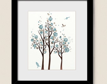 Blue and Brown Polka Dot Tree Art Print, Flying Bird Wall Decor, 8 x 10 Home Decor (239)