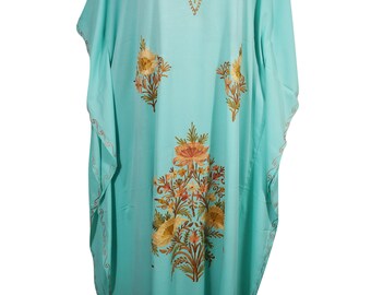 Embellished Hostess Maxi Dress Resort Wear Blue Beautiful Floral Embroidered Kimono Sleeves Long Kaftan Dress 4XL