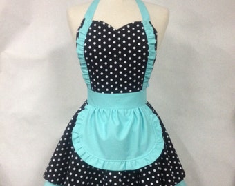 French Maid Apron Polka Dot with Aqua - Retro Full Apron