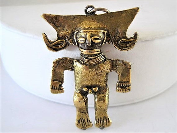 Tribal Boho Pendant, Alva Studios Signed, Brass Deity, Boho Metal Pendant, Tribal Jewelry