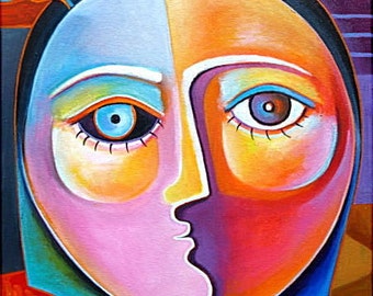 Cubist Abstract Acrylic Original painting canvas Marlina Vera Fine Art Gallery artwork Picasso Style Cubism Modernism Woman Portrait cubist