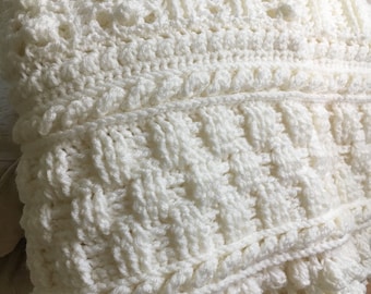 White blanket crochet - couch throw - Heirloom blanket - textured blanket - crochet afghan - soft white afghan - bordered crochet blanket