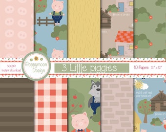 3 Little piggies , printable digital paper pack