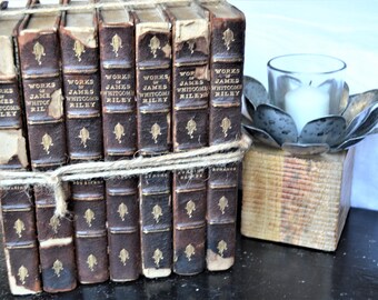 BOOK STACK 1900s Collectible Books Set of Seven Brown Stacked Books Works of James Whitcomb Riley