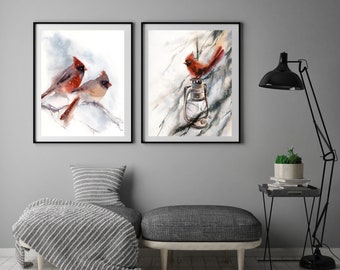 Northern Cardinals Fine Art Print Set, set of 2 art prints, cardinal bird watercolor painting art, birds couple wall art print set