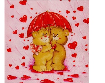 Set of 3 paper napkins OUR028 bears under an umbrella, rain of hearts
