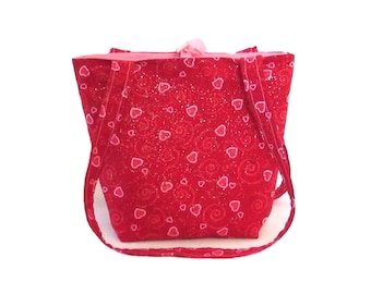 Heart Purse, Handmade Handbag, Red, Pink, Hearts, Swirls, Fabric Bag, Cloth Shoulder Bag, Small Tote Bag, Teen Purse