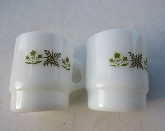 Anchor Hocking Fire King Mugs Set of 2 Green Floral Milk Glass