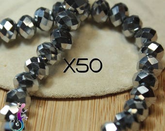 50 glass beads 6 x 4, 5 mm faceted silver