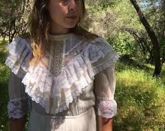 White Lace and Ruffle Gunne Sax Maxi Dress - Shirt Sleeve - Wedding Dress