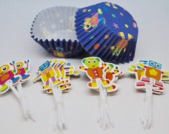 SALE ROBOT Deluxe Cupcake Kit - QTY 24 - Cupcake Pick - Cupcake Wrappers - Robot party - Robot cupcake topper