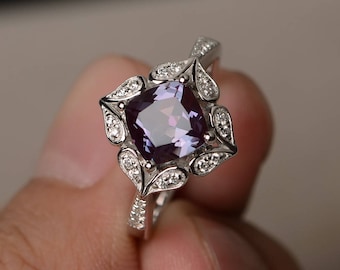 Alexandrite Ring Promise Ring Cushion Cut Gemstone June Birthstone Ring Color Changing Gems Sterling Silver Ring