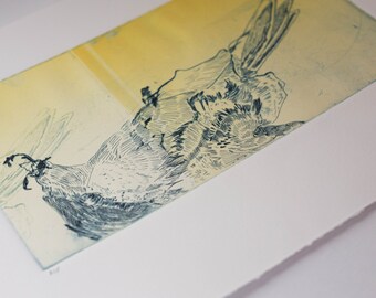Original Art Yellow and Blue Abstract Bird Monoprint
