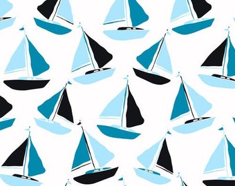 Tides by Jane Dixon, Sailboat in Blue Teal, Ocean Fabric, Nautical Fabric, Blue and Aqua Fabric, Blue Nautical Fabric, Fish Fabric, A-8080-T