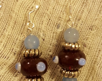 Perriwinkle Blue Polka Dot Lampwork Beaded Earrings with Light Blue Round Beads and Tibetan Silver Hardware