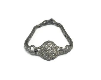 Vintage Otis Sterling Bracelet, 1940s Sterling Silver and Rhinestone Bracelet, Art Deco Bracelet, Wedding Bridal Jewelry, Costume Jewelry