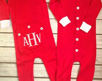 Christmas Pajamas, Long Johns, One Piece, Romper, Monogram, Baby, Toddler, Pajamas, Red Pajamas, Matching PJs, Family