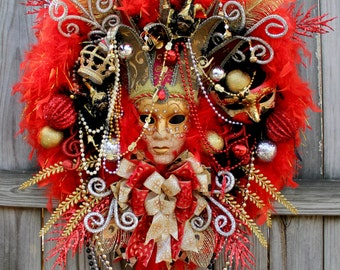 Huge Red Mardi Gras Wreath, Masquerade Wreath, Venetian Carnival Wreath, Christmas Wreath, New Orleans Wreath, red black