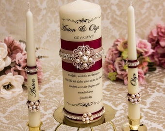 Personalized Unity Candle Set Rose Gold Wedding Candle Set Pearl Wedding Candles Burgundy Wedding Candles