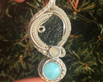 Moldavite Sterling Silver Wire Wrapped Pendant