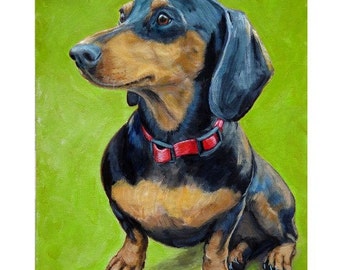 Dachshund Dog Art print by Dottie Dracos, Black and Tan Doxie Sitting, on Lime Green