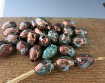 4 Mykonos Sea and Moss Raku Ovals, 7x14mm, 3mm Hole, Ceramic Bead with Copper Oxide finish, Made in Greece, MROS255