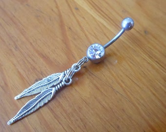 Belly Button Ring Piercing - Two Feather Belly Button Ring - Feather Piercing