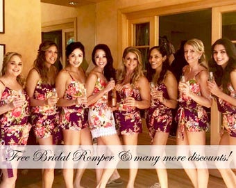 Eggplant Bridesmaids Romper Sets | Bridesmaids gifts. Getting ready romper. Bridal Party Rompers. Floral Romper. Dressing Gown