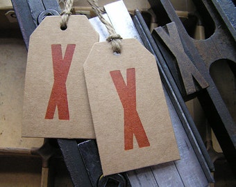 Letterpress typography red X gift tags printed on Kraft recycled card - 2 large