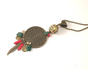 Ethete, bohemian necklace, bronze, red coral and semi precious malachite stone