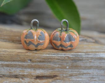 Handmade Porcelain Raku Round Jack o Lantern Bead Pairs