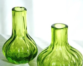 Vintage moss green blown stained glass vases shaped bulb (x 2).