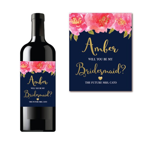 will you be my bridesmaid wine label proposal navy floral