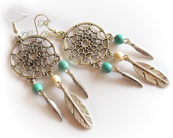 Dreamcatcher Earrings, Tribal Earrings, Feather Earrings, Southwestern Style, Boho Turquoise Earrings, Native American Inspired