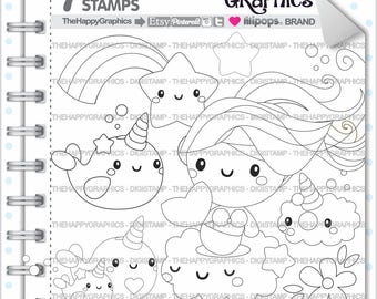 Unicorn Stamp 80OFF Commercial Use Digi Digital Image Narwhal Digistamp Mermaid Clipart Cute