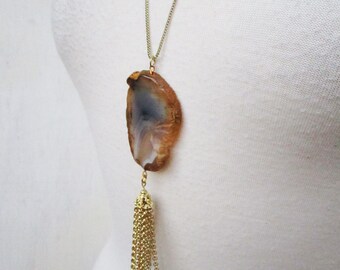 Freefall Necklace - agate slice and gold tassel pendant on long necklace