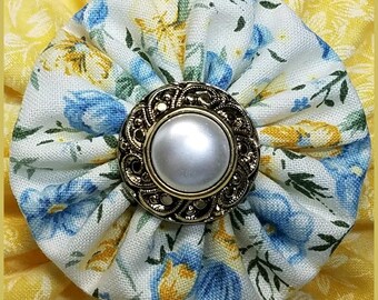 Yo Yo Yellow Floral Hair Bow / Yo-Yo Flower / Clip / Yo Yo Fabric & Button