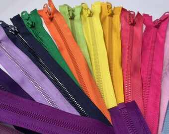 Separating resin purse zippers 12", 22", 27", variety of colors