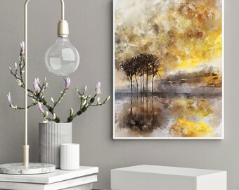 Abstract Trees Reflected on Water, Cider Brown and Butterscotch Yellow Shades, Calm Abstract Art, Watercolor, Printable, Home Decor Wall Art