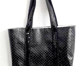 Tote bag black faux leather shiny dots, black glitter (sequins)