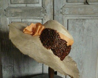 vintage antique (ca 1920) hemp feathered summer hat