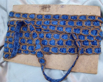 French antique trim metallic threads blue silk velvet chenille
