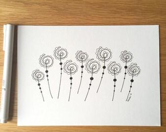 A5 original drawing in black ink on paper, minimalism, flowers, gift